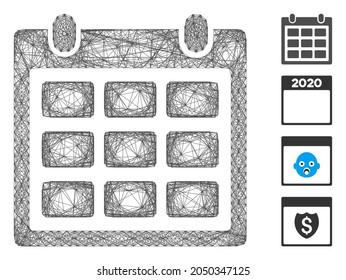 Calendario del marco de alambre de vectores. Red plana con marco de alambre geométrico hecha de un icono de calendario, diseñada a partir de líneas interseccionadas. Se agregan otros iconos.