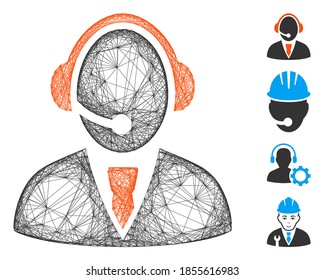 Vector wire frame call center worker. Geometric wire frame 2D net generated with call center worker icon, designed with crossing lines. Some bonus icons are added.