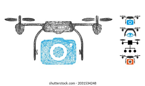 Vector wire frame camera drone. Geometric wire frame 2D network based on camera drone icon, designed from crossed lines. Some bonus icons are added.