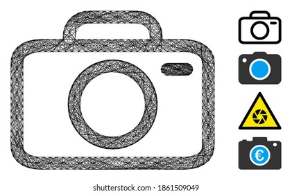 Vector wire frame camera. Geometric wire frame 2D net made from camera icon, designed from crossing lines. Some bonus icons are added.