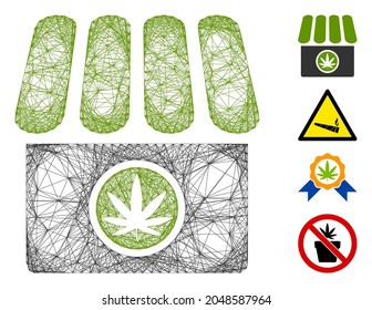 Tienda de cannabis con alambre de vectores. Red 2D del marco geométrico de alambre generada con el icono de la tienda de cannabis, diseñado con líneas cruzadas. Se agregan algunos iconos adicionales.
