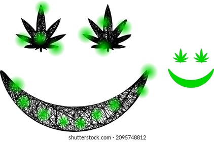 Cannabis-Lächeln-Ikone mit Flecken im Vektordrahtrahmen. Geometrisches Drahtflachnetz basierend auf Cannabis Lächelsymbol, erzeugt mit Schnittlinien, mit runden Flecken.
