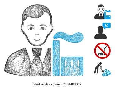 Vector wire frame capitalist oligarch. Geometric wire frame flat net made from capitalist oligarch icon, designed from crossed lines. Some bonus icons are added.