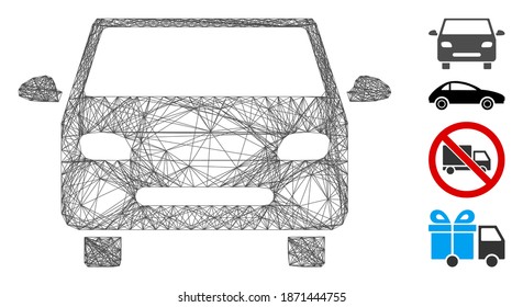 Vector wire frame car. Geometric wire frame flat network made from car icon, designed from crossing lines. Some bonus icons are added.