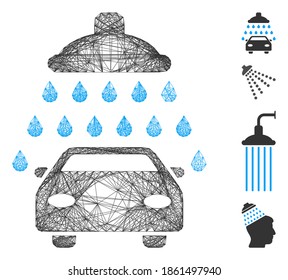 Vector wire frame car shower. Geometric wire frame 2D network generated with car shower icon, designed with crossed lines. Some bonus icons are added.