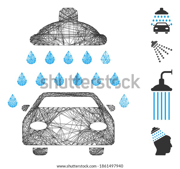 Vector wire frame car shower. Geometric wire\
frame 2D network generated with car shower icon, designed with\
crossed lines. Some bonus icons are\
added.