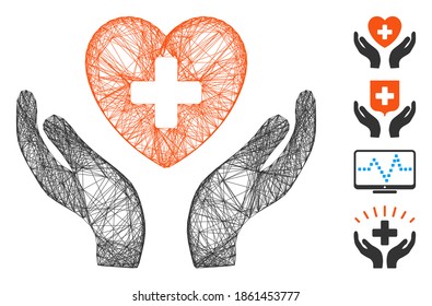 Vector wire frame cardiology care hands. Geometric wire frame flat network made from cardiology care hands icon, designed with intersected lines. Some bonus icons are added.