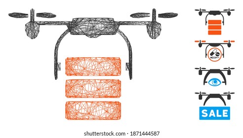 Vector wire frame cargo drone. Geometric wire frame 2D network generated with cargo drone icon, designed with crossing lines. Some bonus icons are added.