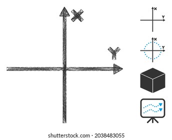 Vector wire frame cartesian axes. Geometric hatched frame flat net generated with cartesian axes icon, designed with crossing lines. Some bonus icons are added.