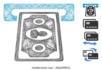 Terminal del punto de caja del marco del vector. Red plana de estructura geométrica de alambre basada en el icono de terminal de cashpoint, diseñada a partir de líneas interconectadas. Se añaden algunos iconos adicionales.