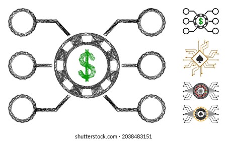 Vektor Wire Frame Casino Chip-Schaltung. Geometrisches Drahtnetz 2D-Netzwerk, erzeugt mit dem Chip-Schaltungssymbol, entworfen mit gekreuzten Linien. Es werden einige Bonussymbole hinzugefügt.