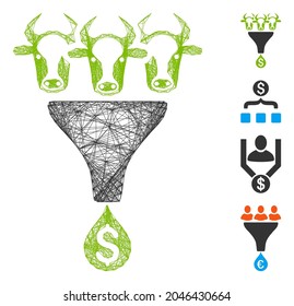 Vector wire frame cattle profit funnel. Geometric wire frame flat net based on cattle profit funnel icon, designed from crossed lines. Some other icons are added.