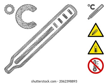 Vector wire frame celsius mercury thermometer. Geometric wire frame flat net made from celsius mercury thermometer icon, designed with intersected lines. Some bonus icons are added.