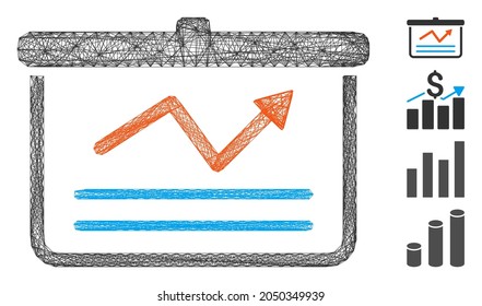 Vector wire frame chart. Geometric hatched frame flat net generated with chart icon, designed with intersected lines. Some other icons are added.