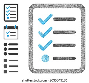 Vector wire frame checklist. Geometric hatched frame 2D network generated with checklist icon, designed with crossed lines. Some bonus icons are added.