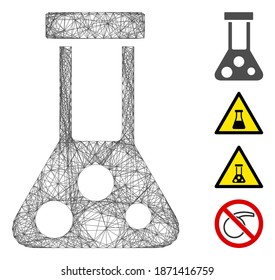 Matraz químico del marco de alambre de vectores. Red 2D del marco de alambre geométrico a partir del icono del matraz químico, diseñada con líneas interseccionadas. Se añaden algunos iconos adicionales.