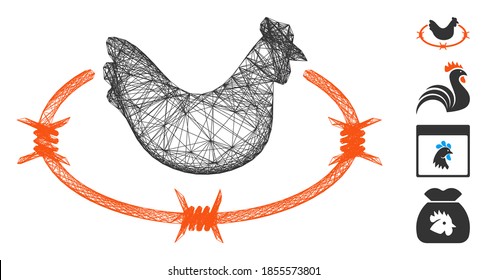 Vector wire frame chicken farm. Geometric wire frame 2D network generated with chicken farm icon, designed with crossing lines. Some bonus icons are added.