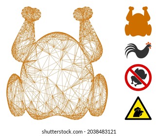 Vector wire frame chicken. Geometric linear frame 2D network generated with chicken icon, designed with crossed lines. Some bonus icons are added.