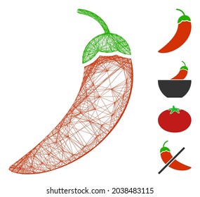 Vector wire frame chili pepper. Geometric wire frame flat network made from chili pepper icon, designed with crossed lines. Some bonus icons are added.