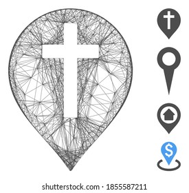 Vector wire frame Christian cross marker. Geometric linear frame flat net generated with Christian cross marker icon, designed with crossed lines. Some bonus icons are added.