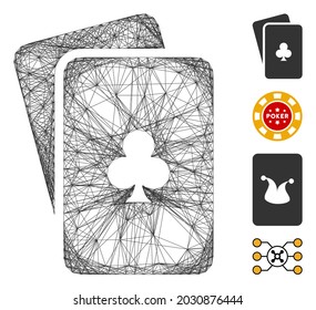 Vector wire frame clubs playing cards. Geometric hatched frame 2D network generated with clubs playing cards icon, designed with crossed lines. Some bonus icons are added.