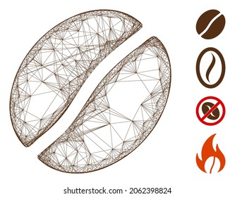 Vector wire frame coffee bean. Geometric wire frame 2D net generated with coffee bean icon, designed with crossed lines. Some bonus icons are added.