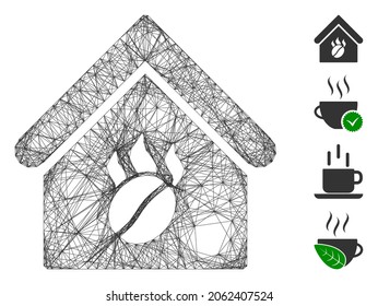 Vector wire frame coffee shop. Geometric wire frame 2D network made from coffee shop icon, designed from intersected lines. Some bonus icons are added.