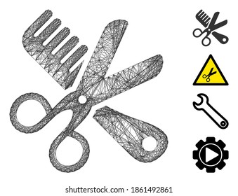 Vector wire frame comb and scissors tools. Geometric wire carcass 2D network made from comb and scissors tools icon, designed from crossed lines. Some bonus icons are added.