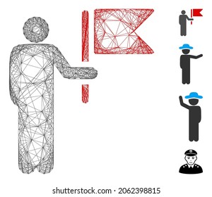 Vector wire frame commander with flag. Geometric wire frame flat net generated with commander with flag icon, designed with intersected lines. Some bonus icons are added.