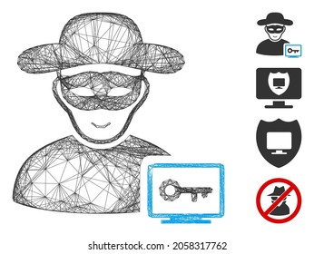Vector wire frame computer hacker. Geometric wire frame 2D network generated with computer hacker icon, designed with intersected lines. Some bonus icons are added.