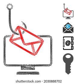 Vector wire frame computer mail fishing. Geometric wire frame flat net based on computer mail fishing icon, designed from intersected lines. Some bonus icons are added.