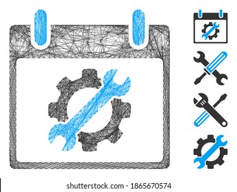 Vector wire frame configuration tools calendar day. Geometric linear frame 2D net generated with configuration tools calendar day icon, designed with crossed lines. Some bonus icons are added.
