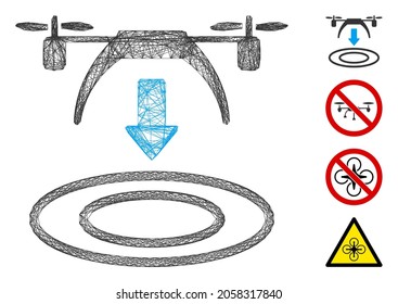 Vector wire frame copter arrival. Geometric wire frame flat network generated with copter arrival icon, designed with crossed lines. Some bonus icons are added.
