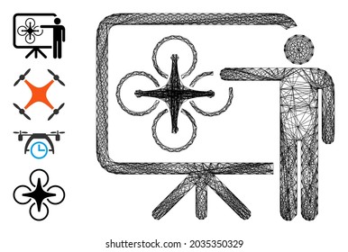 Vector wire frame copter presentation. Geometric linear carcass flat network made from copter presentation icon, designed from intersected lines. Some bonus icons are added.