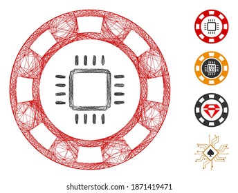 Vector wire frame CPU casino chip. Geometric linear frame 2D net made from CPU casino chip icon, designed from intersected lines. Some bonus icons are added.