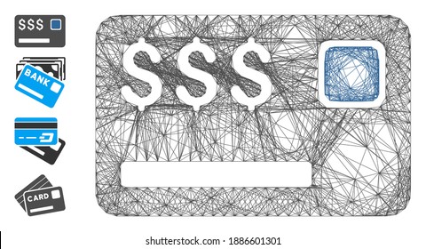 Tarjeta de crédito del marco de alambre de vectores. Red plana de estructura geométrica de alambre basada en icono de tarjeta de crédito, diseñada con líneas interconectadas. Se añaden algunos iconos adicionales.