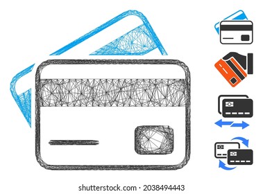 Vector wire frame credit cards. Geometric hatched frame 2D network made from credit cards icon, designed from crossing lines. Some bonus icons are added.