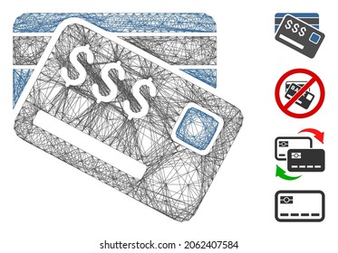 Tarjetas de crédito de marco de alambre de vectores. Red 2D de marco lineal geométrico a partir del icono de tarjetas de crédito, diseñada con líneas interseccionadas. Se añaden algunos iconos adicionales.