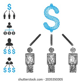 El crowdfunding del marco vectorial. Red plana de marco lineal geométrica hecha con icono de crowdfunding, diseñada a partir de líneas de cruce. Se añaden algunos iconos adicionales.