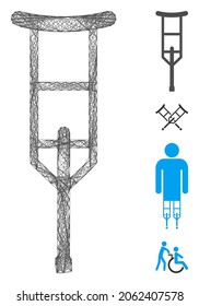 Cojilla del bastidor del vector. Red 2D del marco geométrico de alambre hecho de un icono de muleta, diseñado con líneas cruzadas. Se añaden algunos iconos adicionales.
