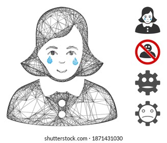 Vector wire frame crying woman. Geometric wire carcass flat network generated with crying woman icon, designed with crossed lines. Some bonus icons are added.