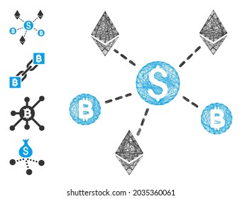 Vector wire frame cryptocurrency network. Geometric wire frame flat net generated with cryptocurrency network icon, designed with crossing lines. Some bonus icons are added.