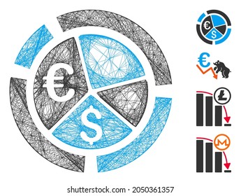 Diagrama de la divisa del marco de alambre de vectores. Red plana de estructura geométrica de alambre hecha de un icono de diagrama de divisas, diseñada a partir de líneas cruzadas. Se agregan algunos iconos similares.