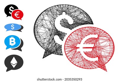 Vector wire frame currency transfer chat. Geometric hatched frame 2D net made from currency transfer chat icon, designed with crossing lines. Some bonus icons are added.