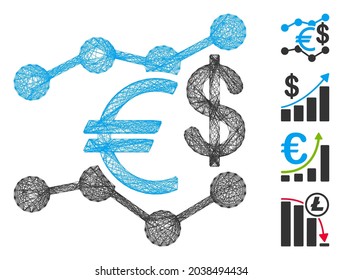 Tendencias de la moneda del marco de alambre de vectores. Red plana de estructura geométrica de alambre hecha de un icono de tendencias de divisas, diseñada a partir de líneas cruzadas. Se añaden algunos iconos adicionales.