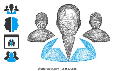 Clientes de armazones de vectores. Red plana de cuadro lineal geométrica hecha a partir del icono de los clientes, diseñada a partir de líneas cruzadas. Se añaden algunos iconos adicionales.