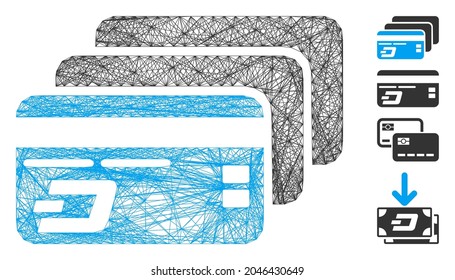 Vector wire frame Dash bank cards. Geometric wire frame 2D net made from Dash bank cards icon, designed from crossed lines. Some other icons are added.