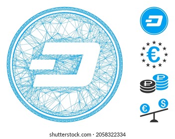Vector wire frame Dash coin. Geometric hatched frame flat network generated with Dash coin icon, designed with intersected lines. Some bonus icons are added.