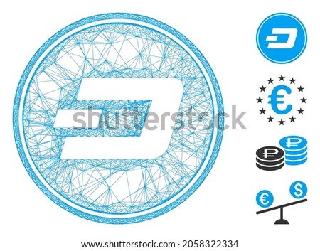 Vector wire frame Dash coin. Geometric hatched frame flat network generated with Dash coin icon, designed with intersected lines. Some bonus icons are added.
