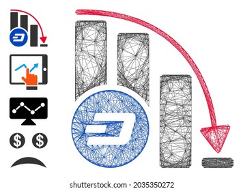 Vector wire frame Dashcoin falling acceleration chart. Geometric linear frame 2D net made from Dashcoin falling acceleration chart icon, designed from crossing lines. Some bonus icons are added.